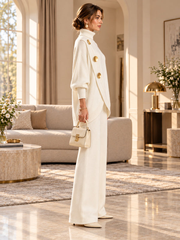 Asymmetric hem with gold-tone buttons